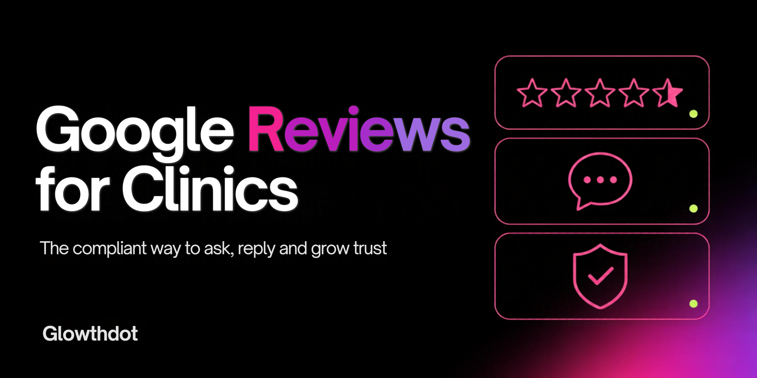 Star ratings, a chat bubble and a shield with a check mark — Google reviews for a Dubai aesthetic clinic